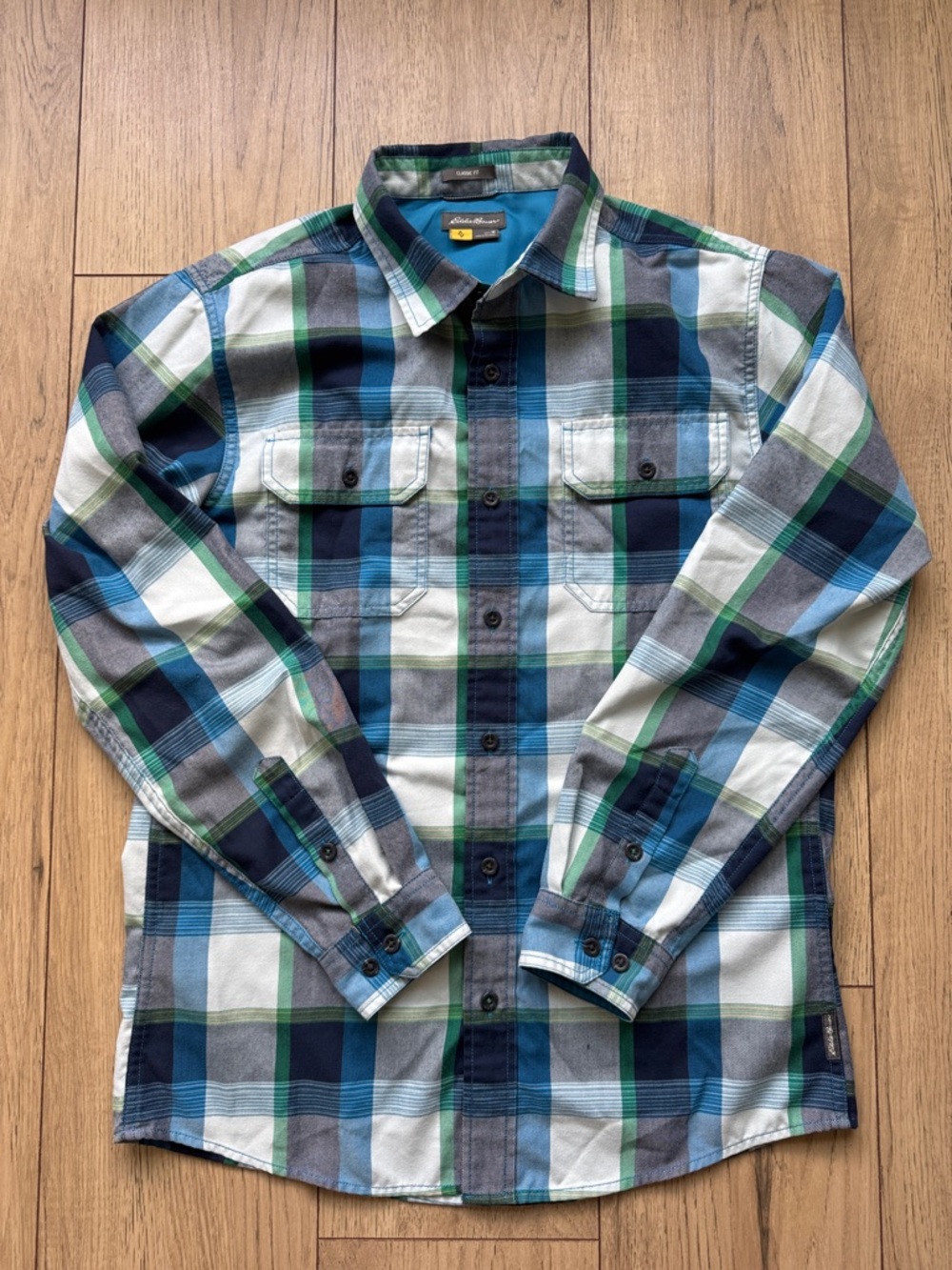 Eddie Bauer Travex Shirt Mens Medium Plaid Button Up Long Sleeve Outdoor Blue